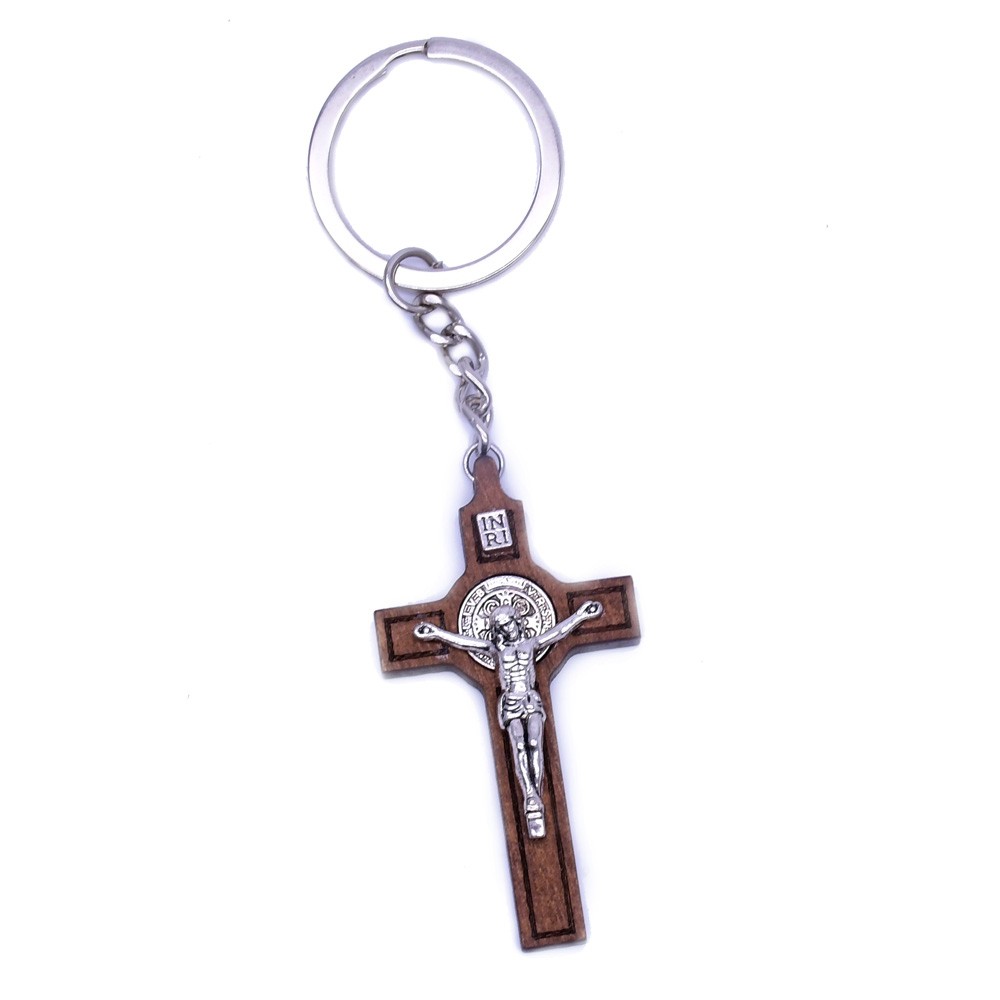 欧美货源木制十字架圣本笃钥匙扣挂件圈环饰品朝拜圣地礼品