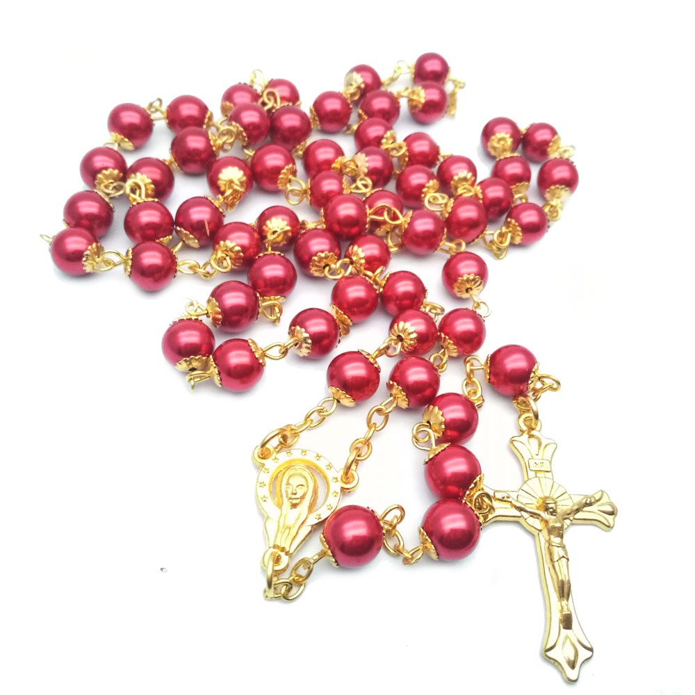 外贸热款念珠项链饰品十字架红色珍珠带花托项链