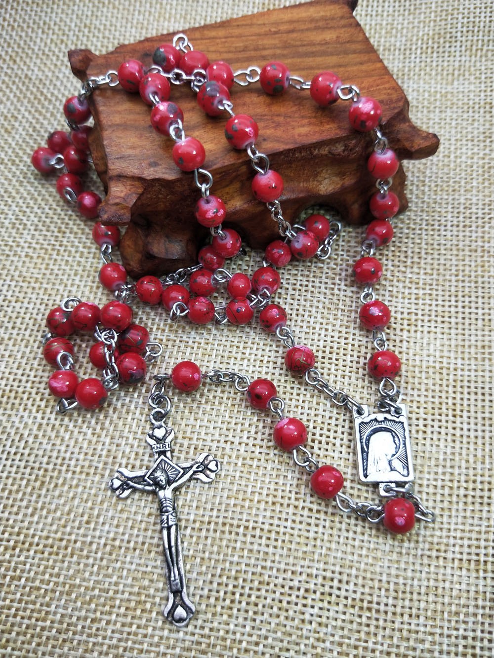 十字架念珠项链红珠玫瑰经用品Rosary 27.5g