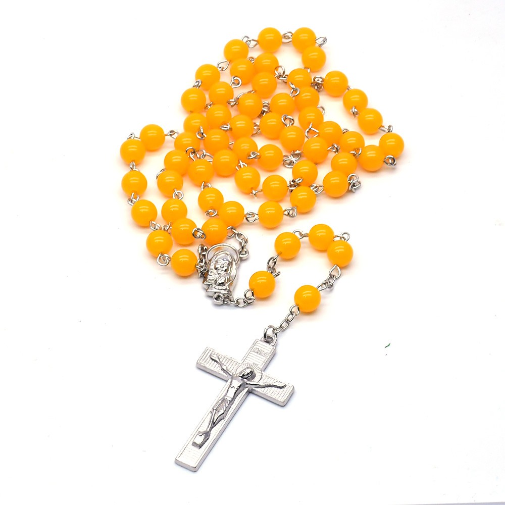 蜜蜡祈祷念珠项链手工弯针十字架项链圣母玛丽亚宗教饰品Rosary