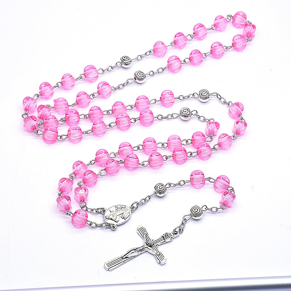 粉色塑料珠玫瑰念珠项链十字架项链玛丽亚手工弯针饰品