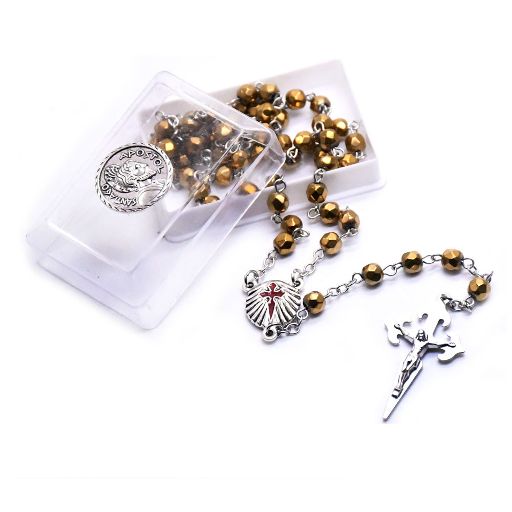 盒装6mm金光水晶十字架念珠项链圣地亚哥祷告念珠