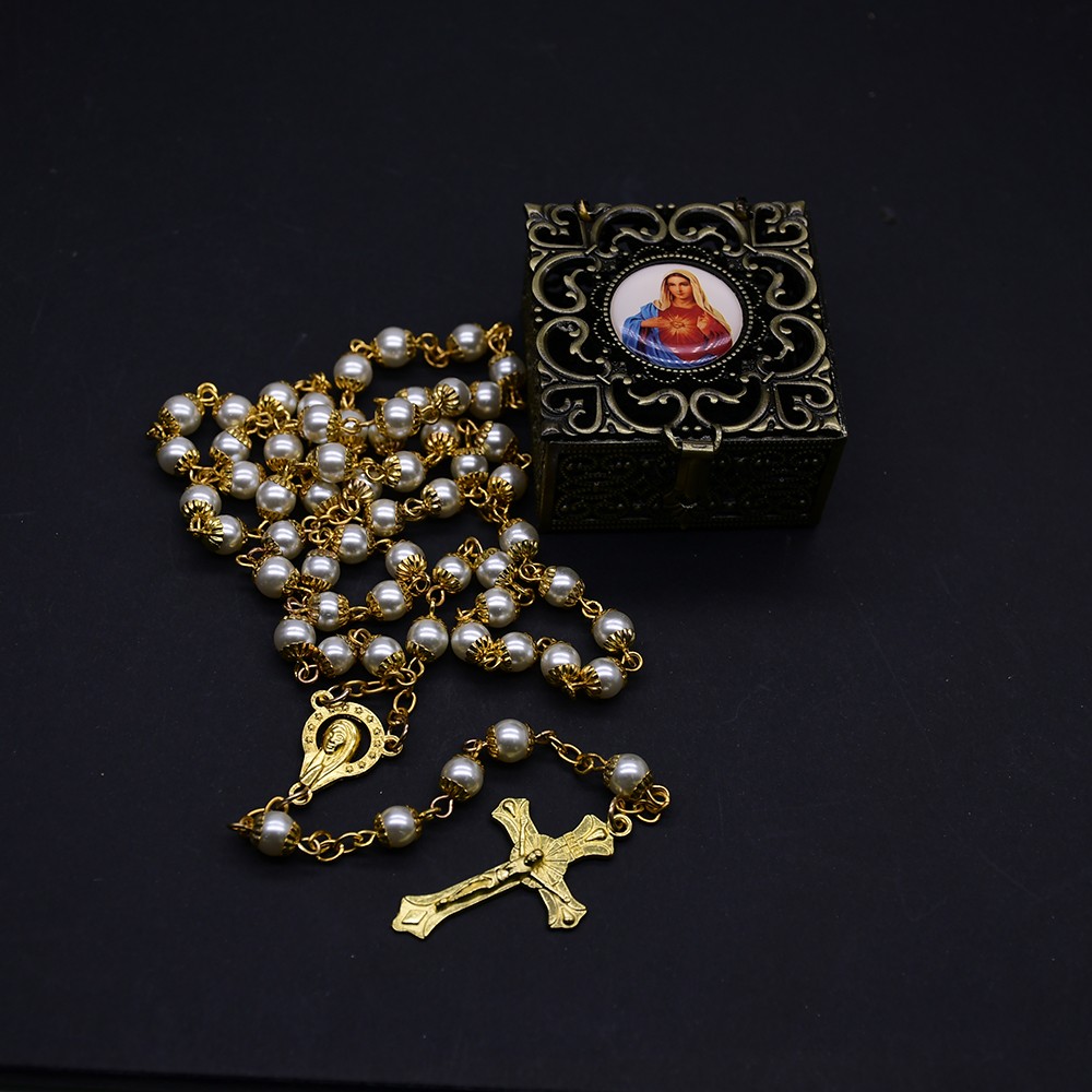 盒装金色花托6mm珍珠念珠项链