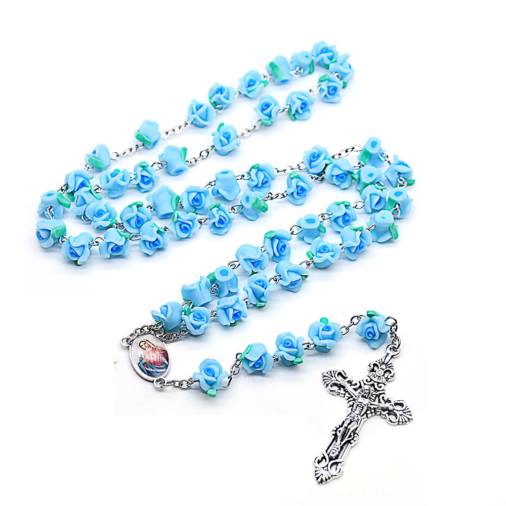 (蓝色)手工软陶花念珠十字架项链 圣心圣母三角牌