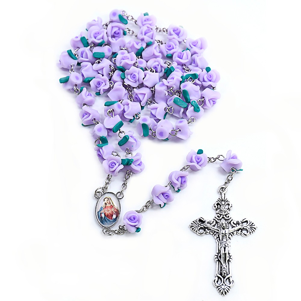 (紫色)手工软陶花念珠十字架项链 圣心圣母三角牌