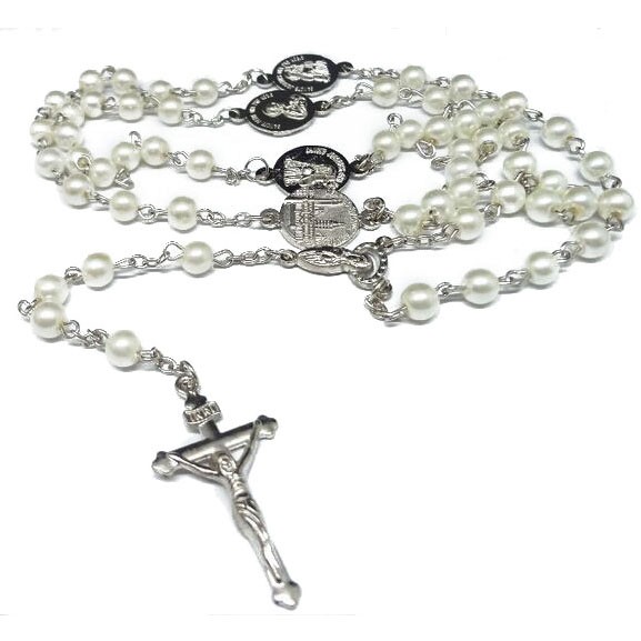 （珍珠色）四圣牌哥特风十字架念珠项链毛衣链饰品十字架珍珠