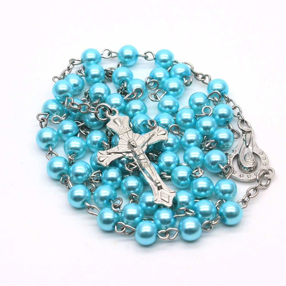 (蓝色）6mm蓝色珍珠念珠十字架项链婚礼祈祷珠