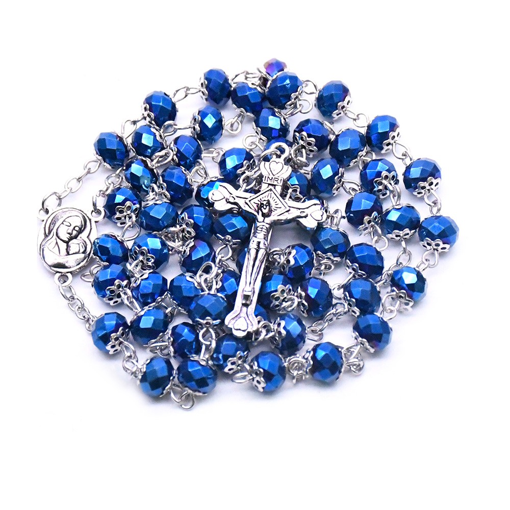（蓝光）花托水晶念珠十字架项链天主教祈祷珠