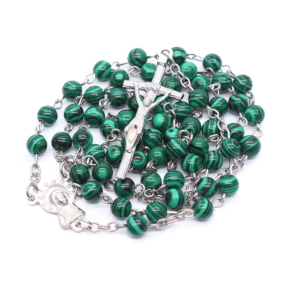 孔雀石天然石念珠项链高端十字架绿色珠链毛衣链