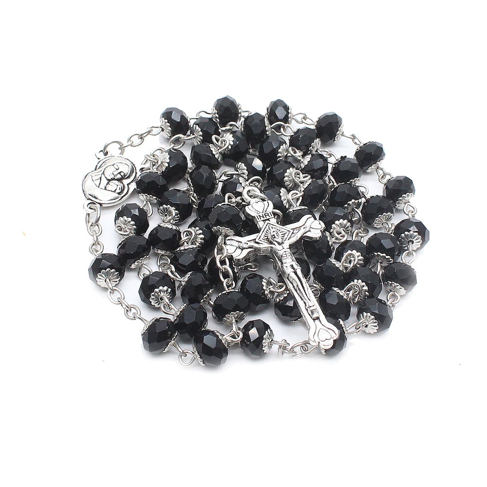 (黑)水晶花托念珠十字架项链祈祷珠圣徒祷告用品礼品赠品