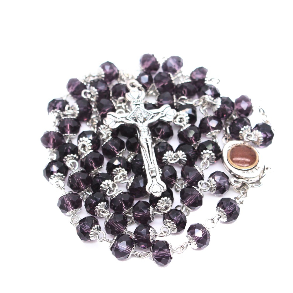 (紫)水晶花托念珠十字架项链祈祷珠圣徒祷告用品礼品赠品