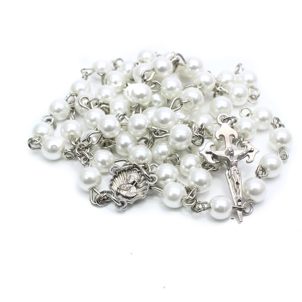 （白）仿珍珠十字架念珠项链圣地亚哥贝壳十字架