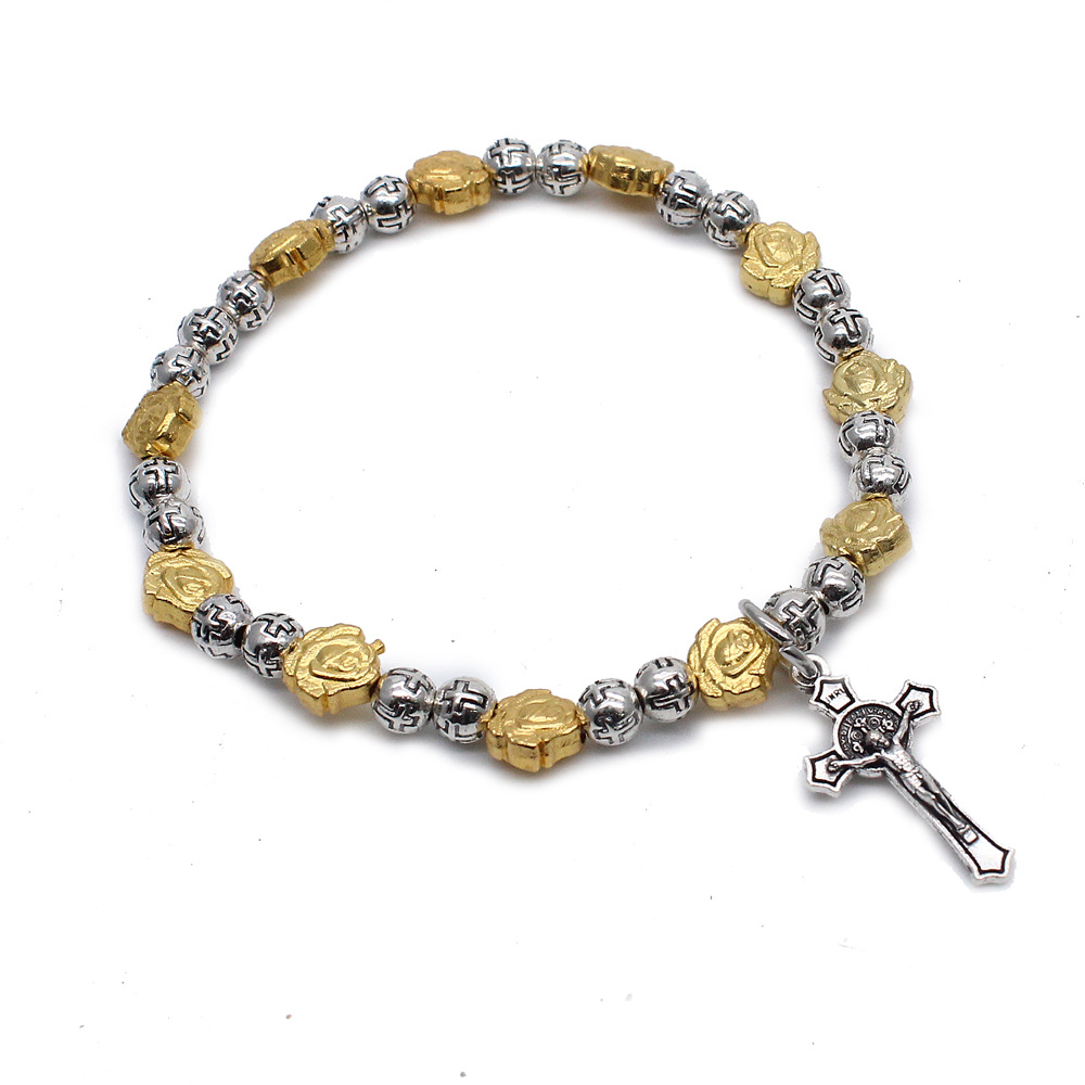 （古银）合金手链金属玫瑰花JESUS十字架手链串珠手环（弹力绳）bracelet