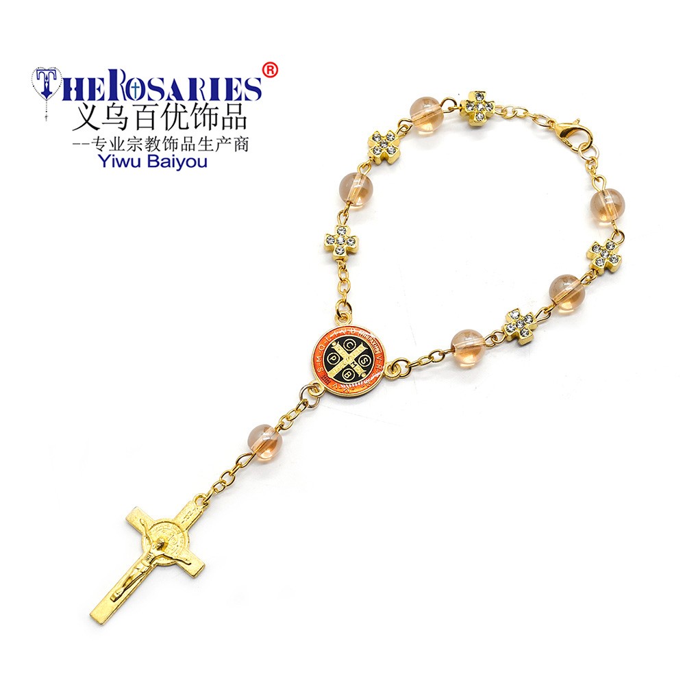 圣本笃念珠手链金色十字架手串手环弯针祈祷珠Rosary bracelet