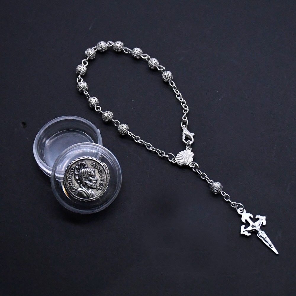 盒装6mm珍珠古银念珠手链Santiago圣地亚哥风十字架念珠手串