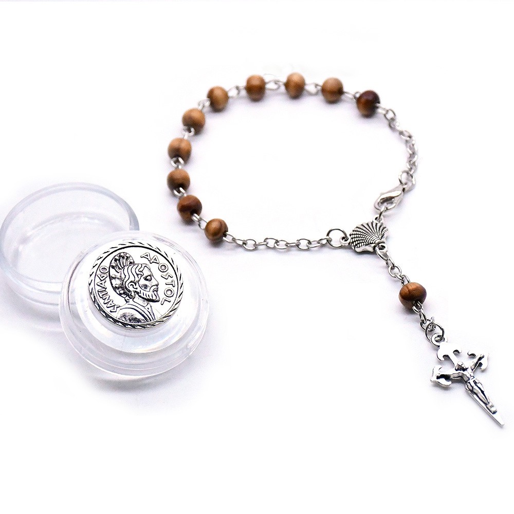 盒装6mm木珠念珠手链合金十字架手串手环祈祷珠Rosary bracelet