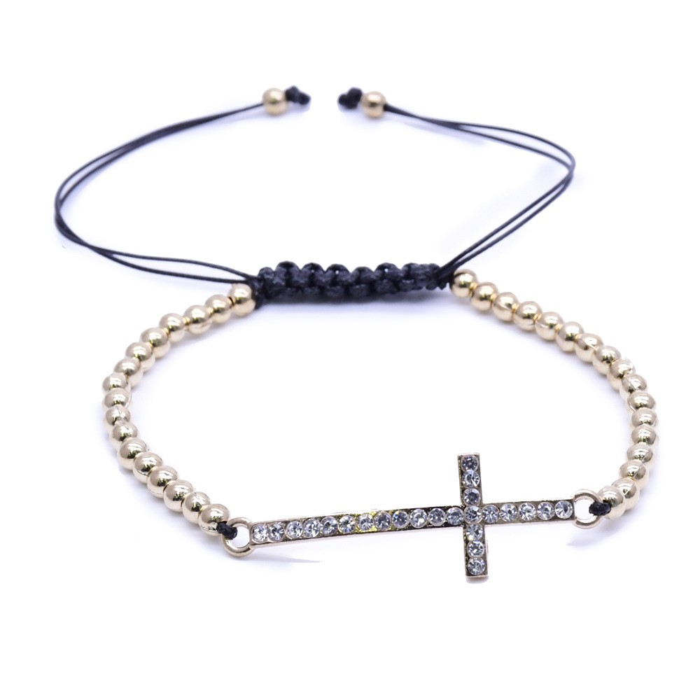 订做600起手工编制拉绳中国结金属珠点钻十字架手链Cross bracelet