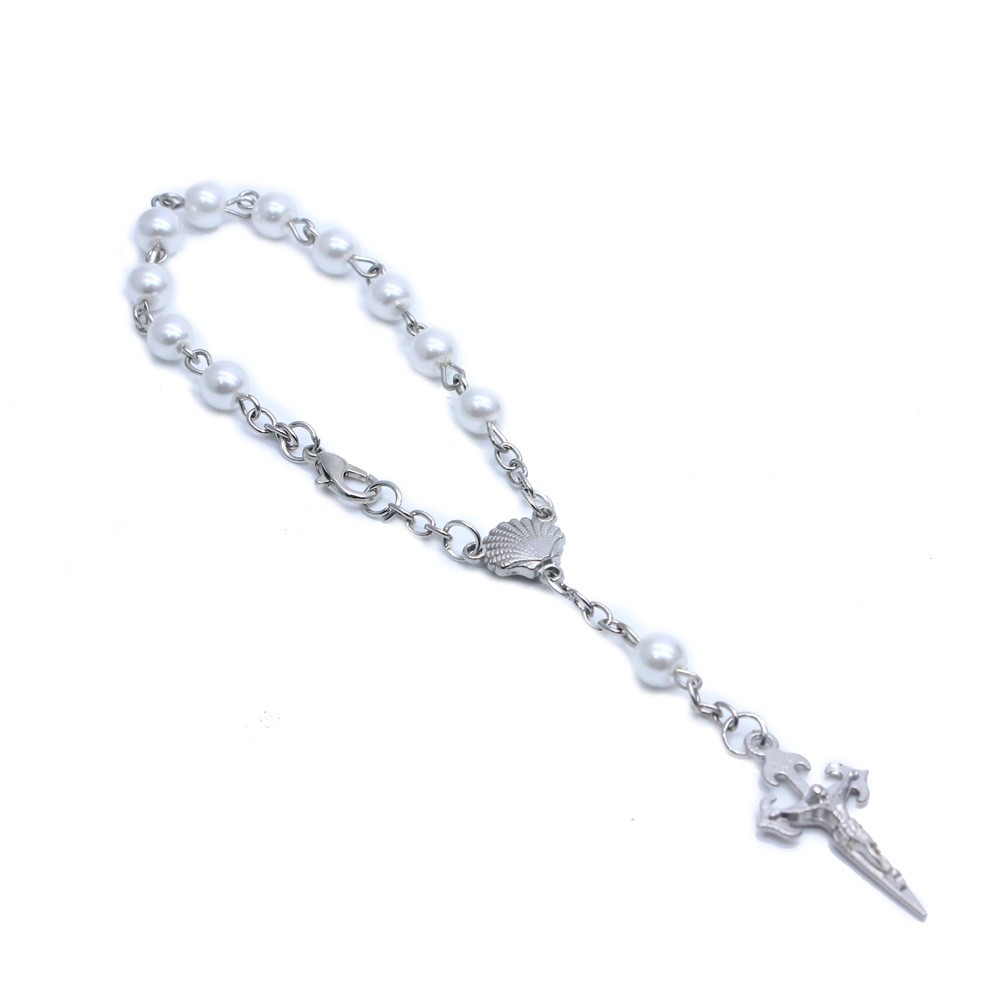 贝壳珍珠一端念珠手链 十字架弯针手链批发 海边旅游纪念品