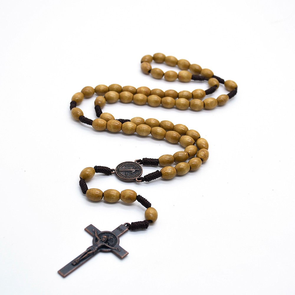 （浅棕）复古手工编制十字架念珠项链米形木珠项链饰品