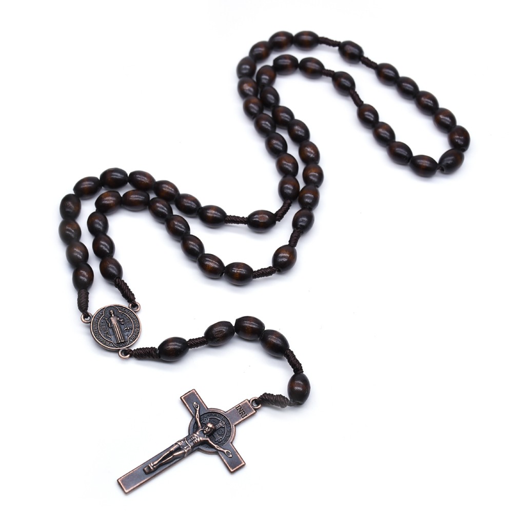 （深咖色）木珠复古手工编制十字架念珠项链米形木珠项链饰品