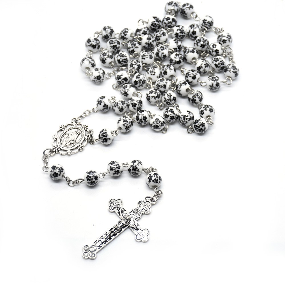 （黑色）Rosary念珠项链陶瓷珠十字架项链 两色印花