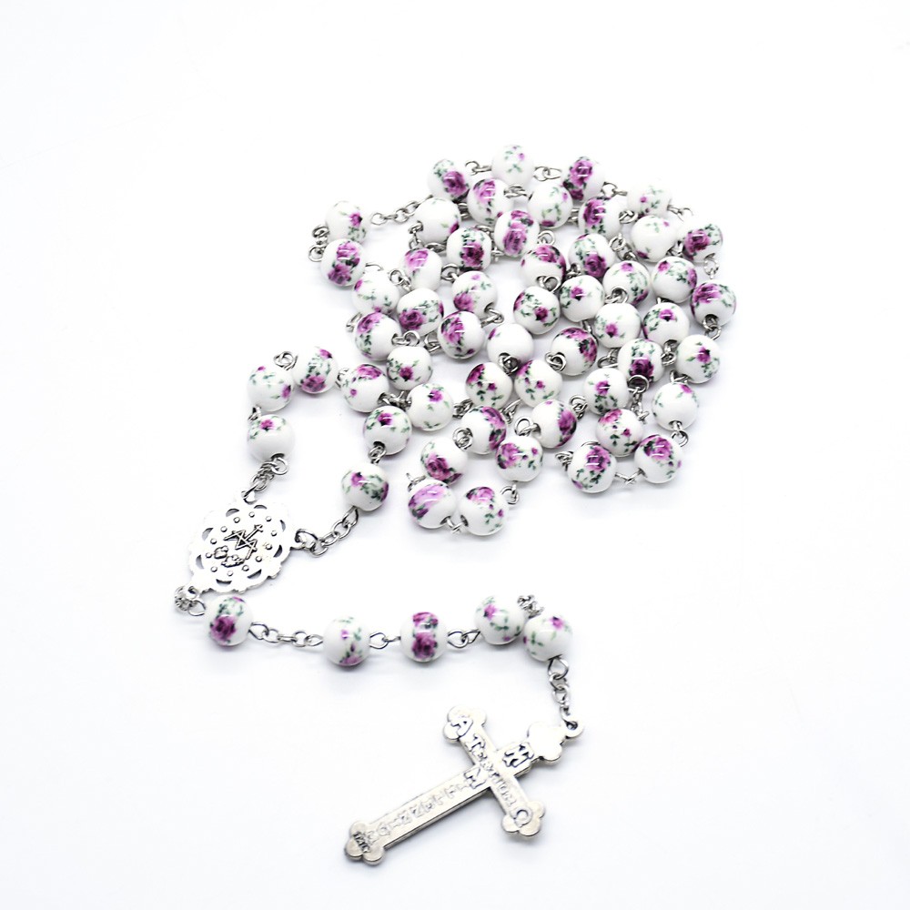 (粉色）8mm念珠项链陶瓷珠十字架项链 两色印花