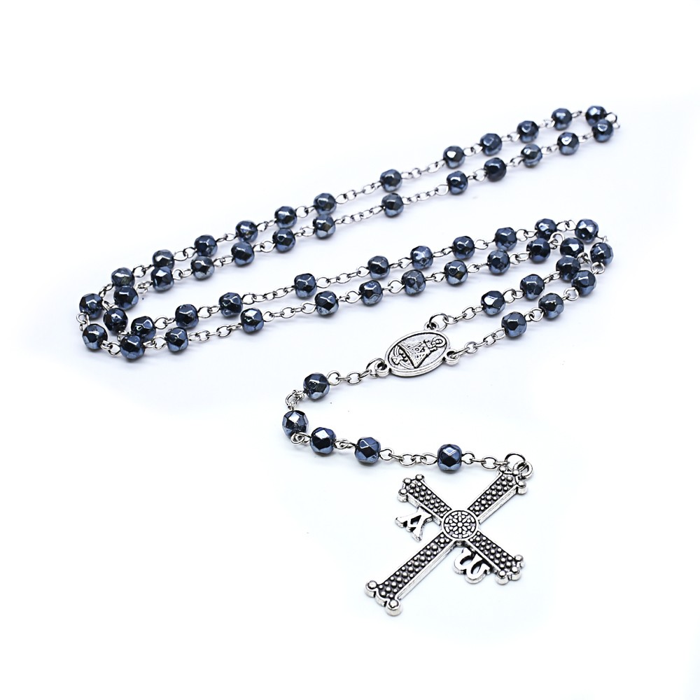 黑白水晶珠念珠十字架项链圣母宗教祈祷用品批发