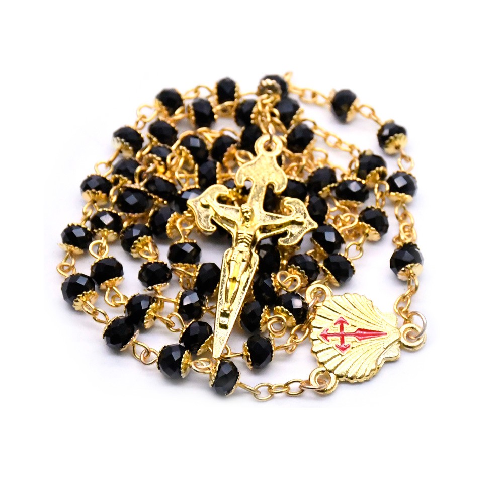 4*6mm黑色水晶金色念珠项链SANTIAGO十字架饰品跨境电商货源
