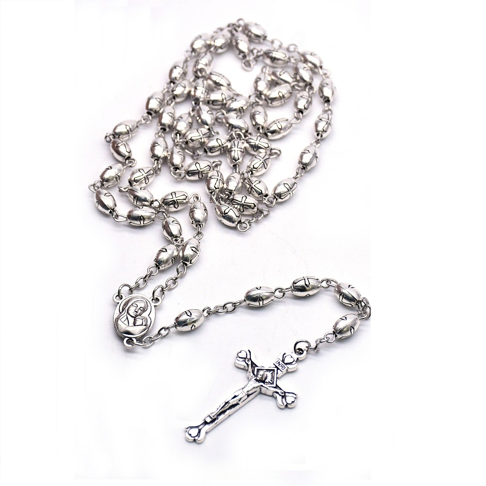 复古银合金米形十字珠念珠项链十字架项链祈祷用品批发