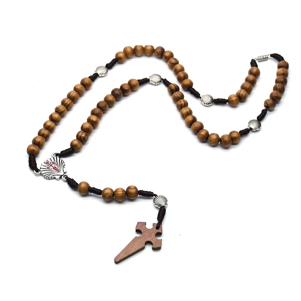 贝壳木珠圣地亚哥念珠项链手工编制木制十字架项链饰品 