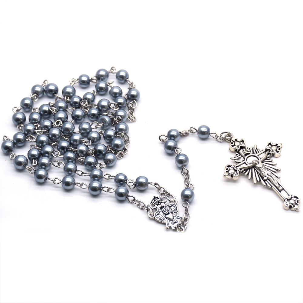 外贸特色产品6mm复古念珠项链三色珍珠十字架饰品