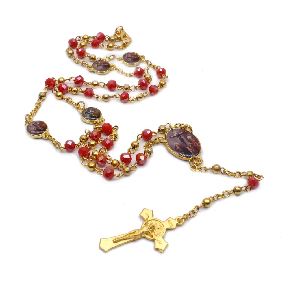(大红）四圣像贴图金属珠水晶念珠十字架项链（图片随机）