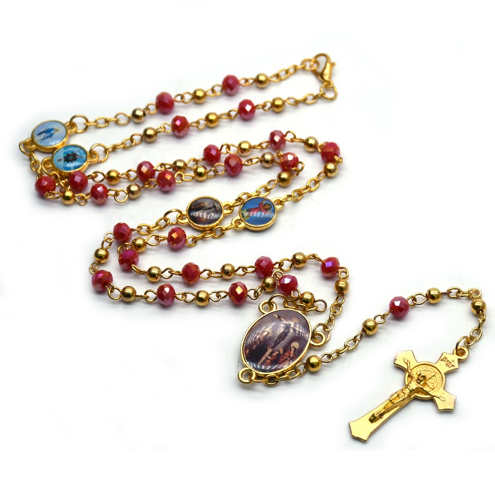 （实红）四圣像贴图金属珠水晶念珠十字架项链（图片随机）