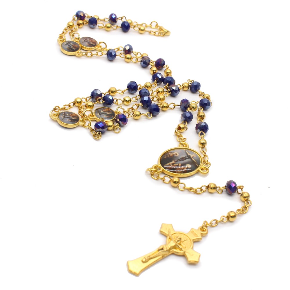（蓝光）四圣像贴图金属珠水晶念珠十字架项链（图片随机）