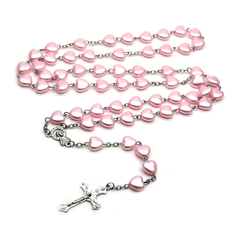 爱心粉色念珠项链十字架饰品弯针计数珠链外贸电商跨境