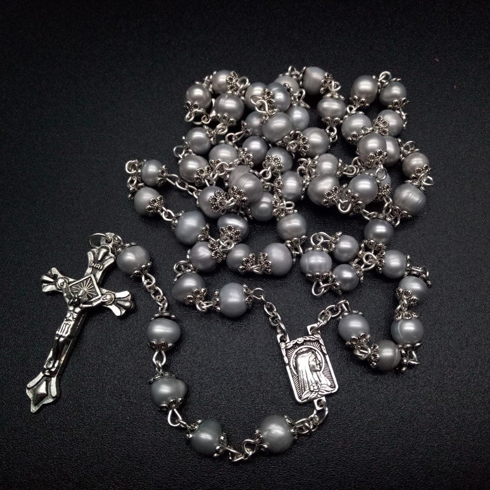 （灰）高档念珠十字架礼品圣本笃天然淡水珍珠念珠项链饰品