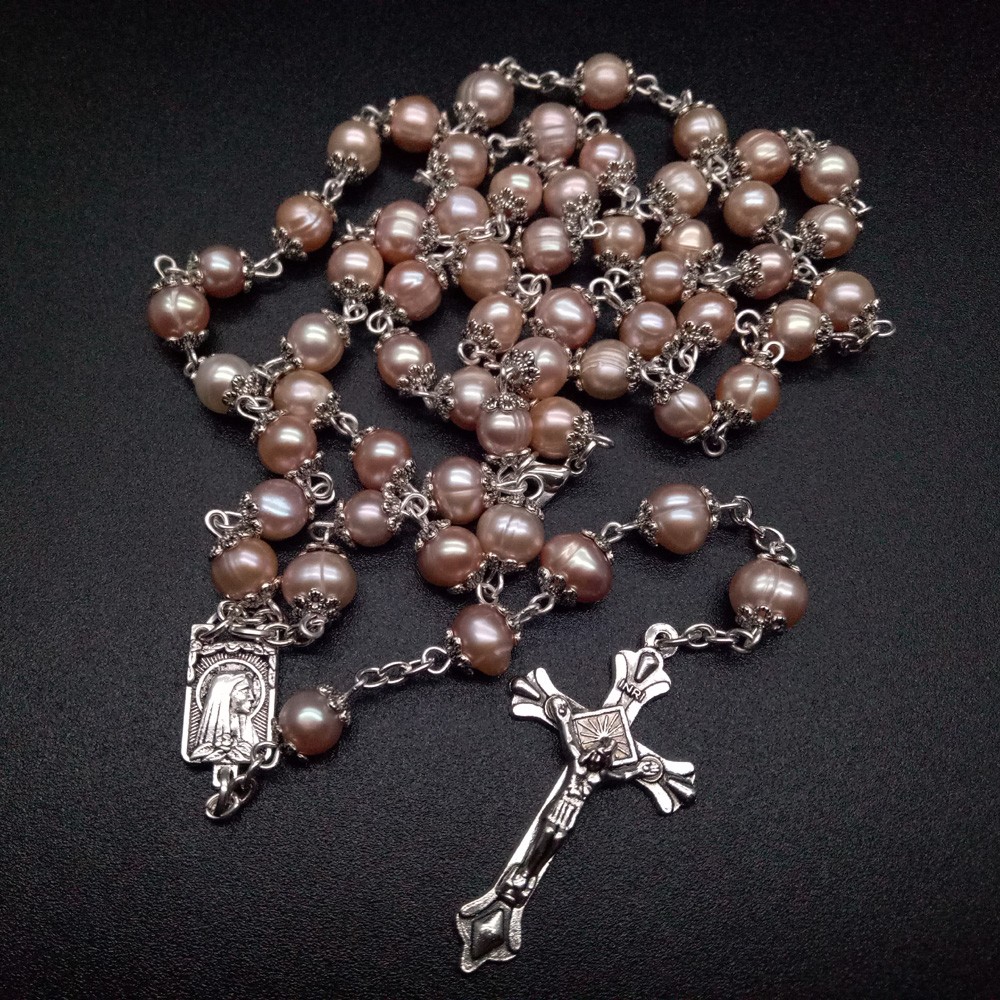 （粉）高档念珠十字架礼品圣本笃天然淡水珍珠念珠项链饰品