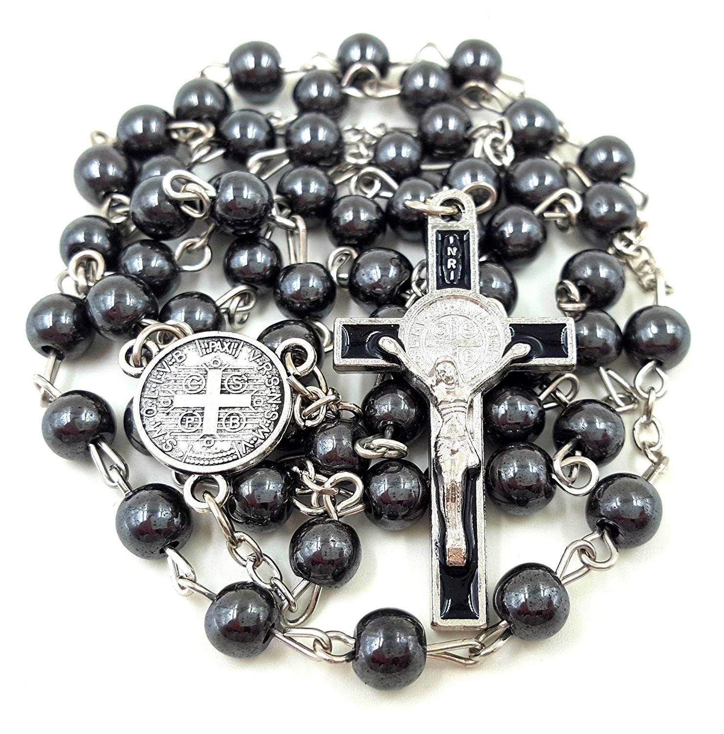 黑色Rosary6mm无磁性黑胆石十字架念珠项链饰品