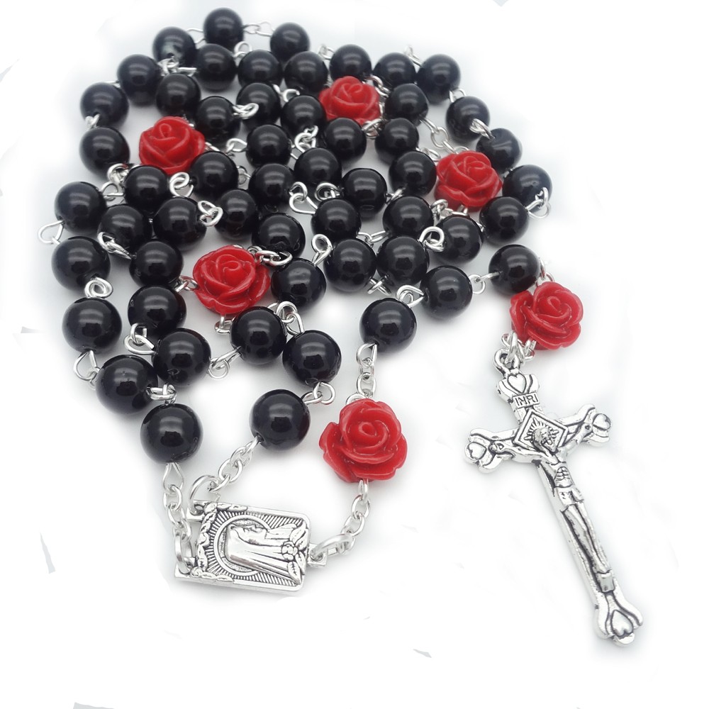 （黑色）8mm玫瑰花珍珠十字架念珠饰品批发多色选