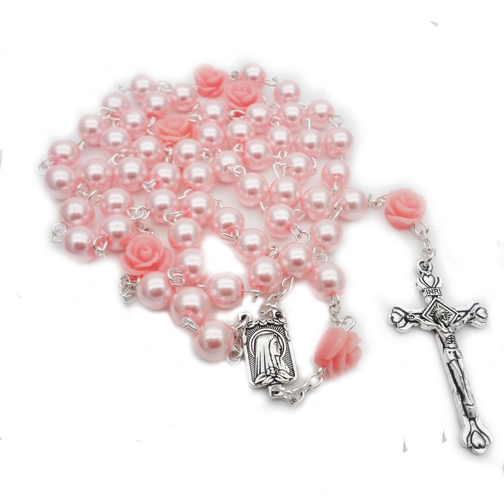 粉色 8mm玫瑰花珍珠十字架念珠饰品批发多色选