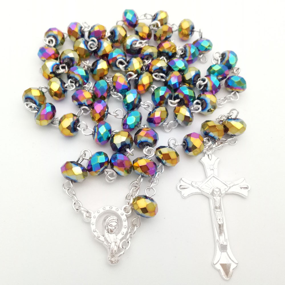 水晶十字架念珠Rosary 项链外贸饰品批发多色选 6*8mm