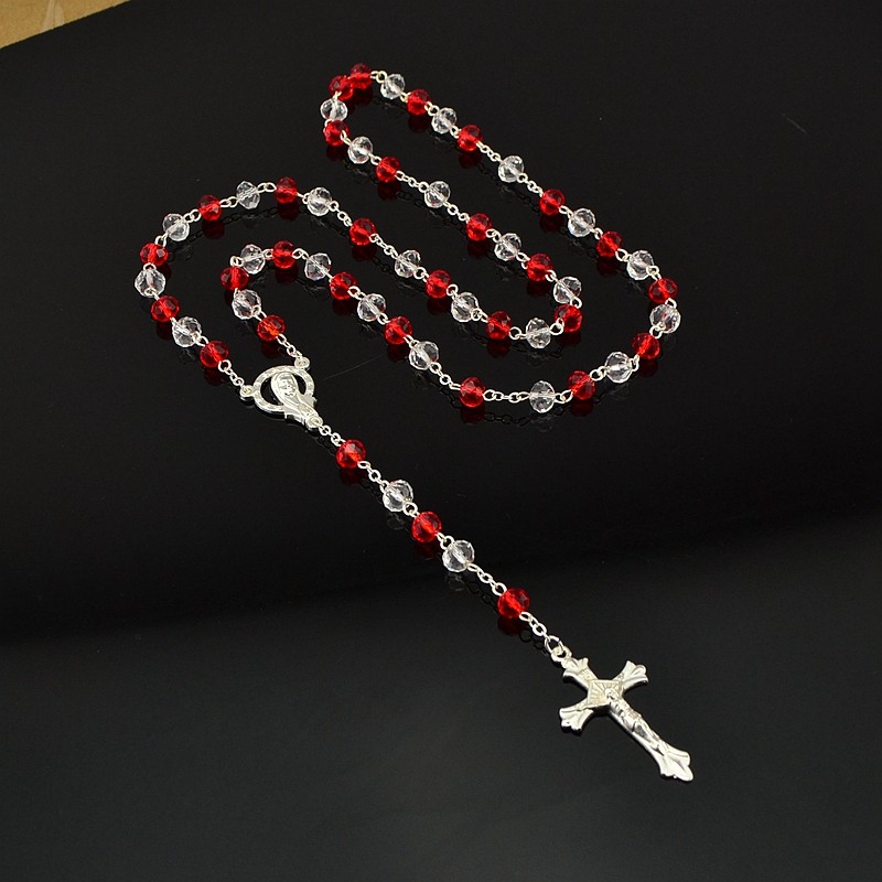 水晶十字架念珠Rosary 项链外贸饰品批发多色选 6*8mm