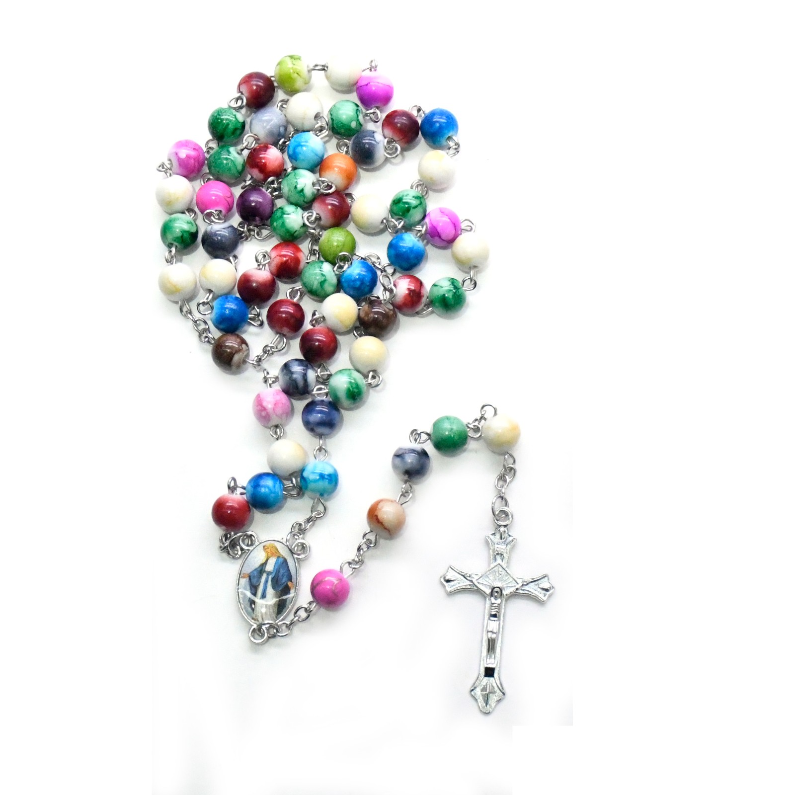 彩色念珠8mm彩珠十字架项链玛丽亚外贸十字架用品批发