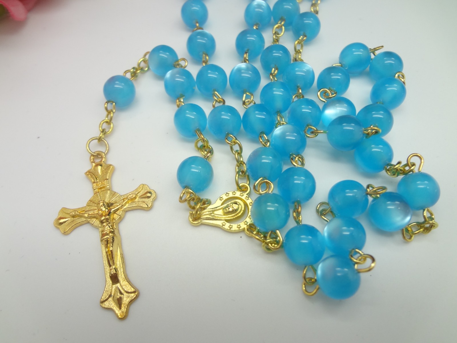 跨境欧美亚马逊宝蓝金色念珠项链十字架祈祷用品礼品赠品