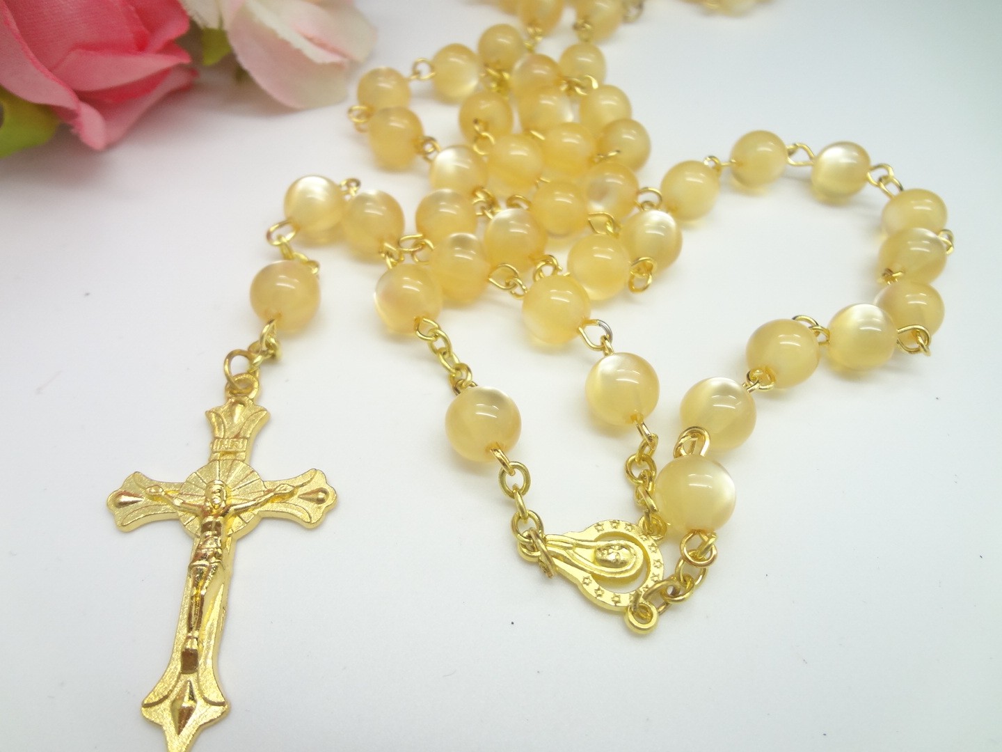 跨境欧美亚马逊宝蓝金色念珠项链十字架祈祷用品礼品赠品