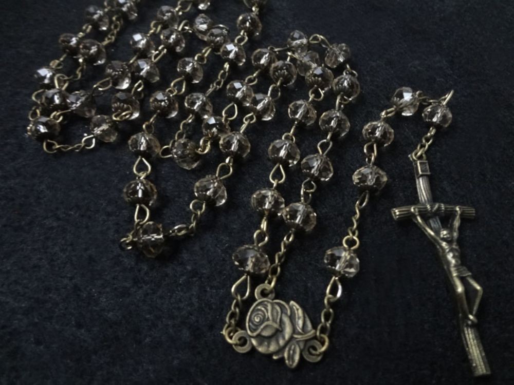500条起订天主教基督教古青铜复古水晶十字架饰品念珠项链
