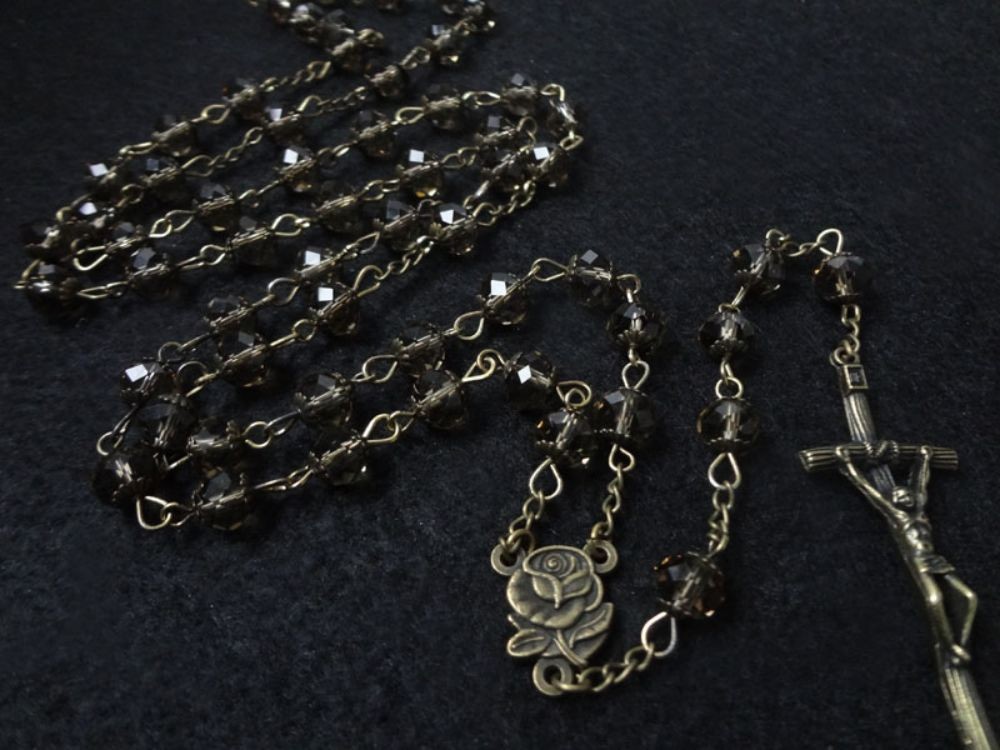 天主教基督教古青铜复古水晶十字架饰品念珠项链
