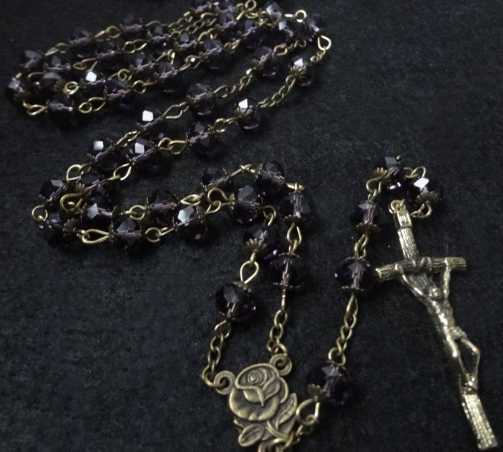 500条起订 天主教基督教古青铜复古水晶十字架饰品念珠项链