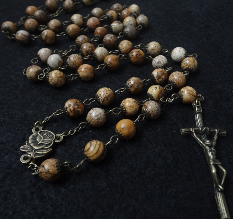 圣诞赠品天主教基督教古青铜欧美复古图画石十字架饰品念珠项链