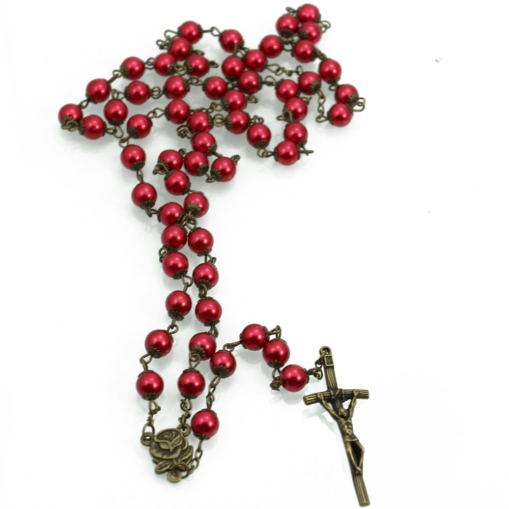 花托复古红珍珠念珠项链饰品十字架 源头供应商